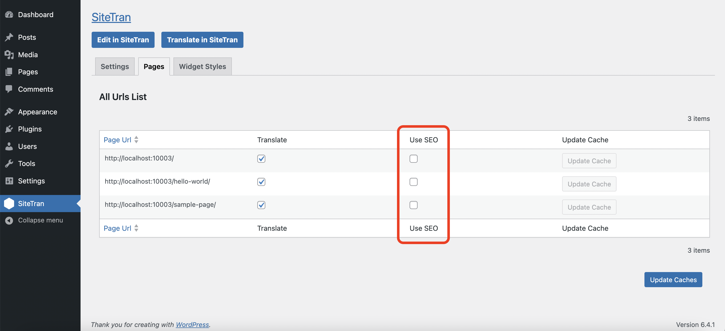 The 'Use SEO' column